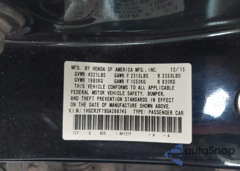 2016 Honda Accord Ex z USA, uszkodzony, nr VIN 1HGCR2F79GA098745